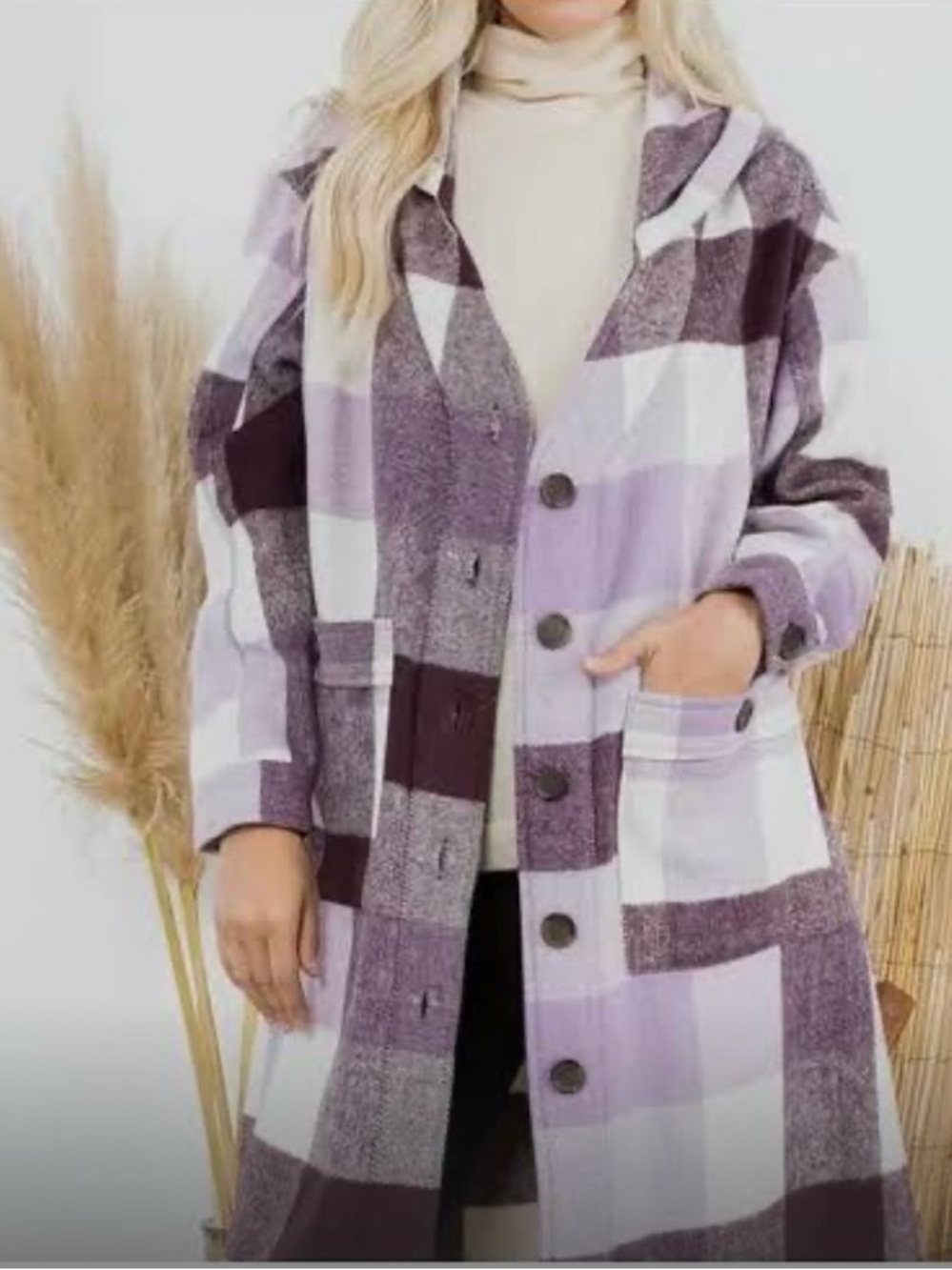 STOOSH Women’s Plaid Hooded Shacket Coat in Purple/Plum Buffalo Size Medium NWT